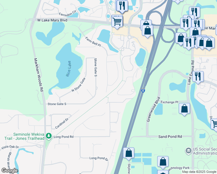 map of restaurants, bars, coffee shops, grocery stores, and more near 3870 Grassland Loop in Lake Mary