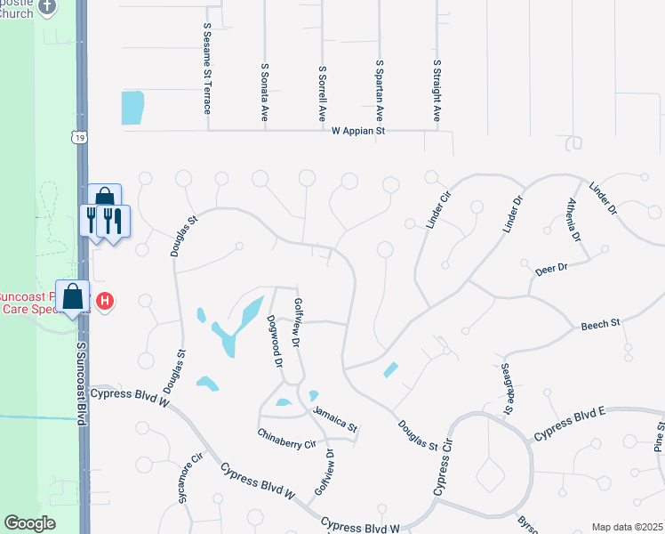 map of restaurants, bars, coffee shops, grocery stores, and more near 57 Douglas Street in Homosassa