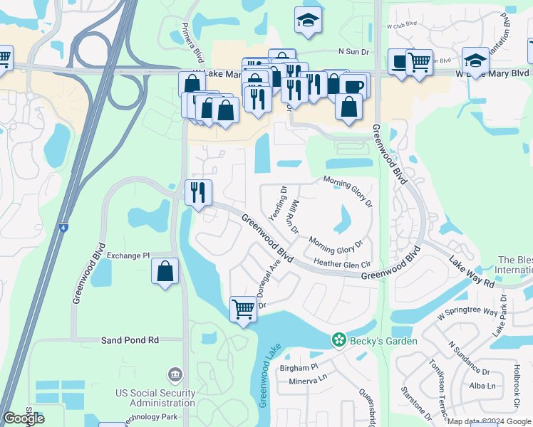 map of restaurants, bars, coffee shops, grocery stores, and more near 141 Morning Glory Drive in Lake Mary