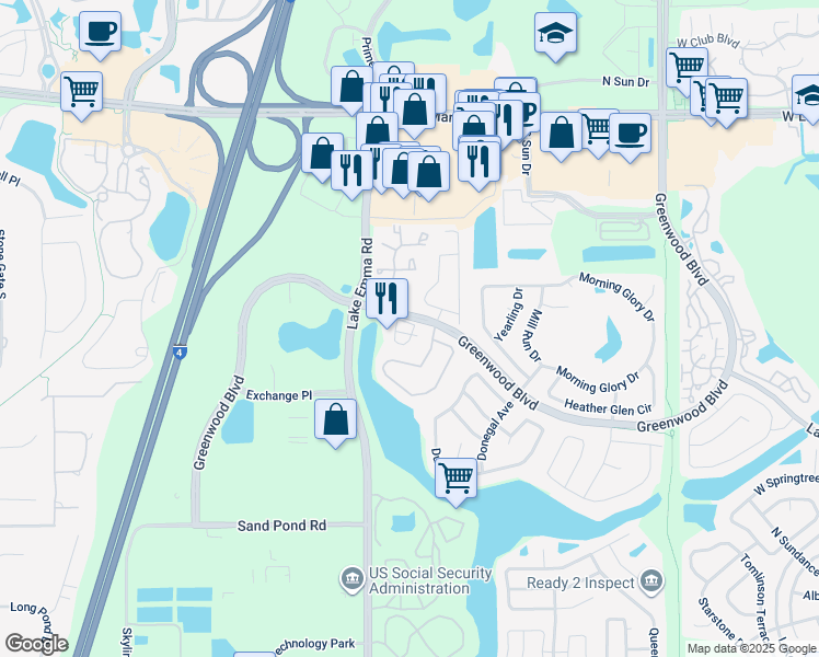 map of restaurants, bars, coffee shops, grocery stores, and more near 957 Greenwood Boulevard in Lake Mary