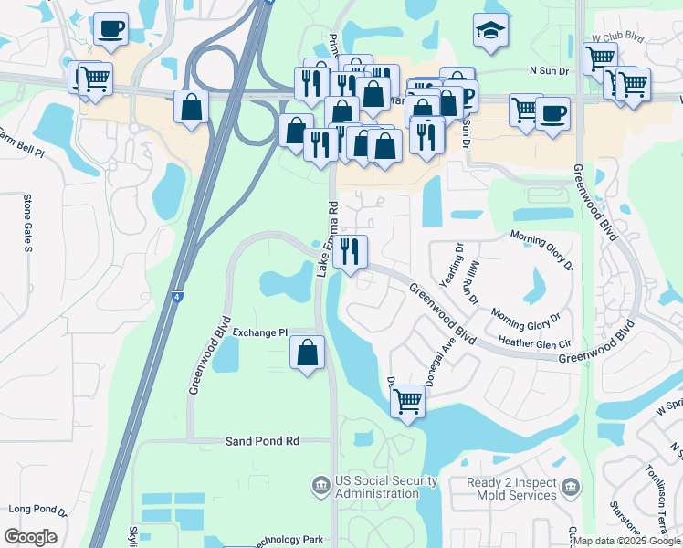 map of restaurants, bars, coffee shops, grocery stores, and more near 961 Greenwood Boulevard in Lake Mary