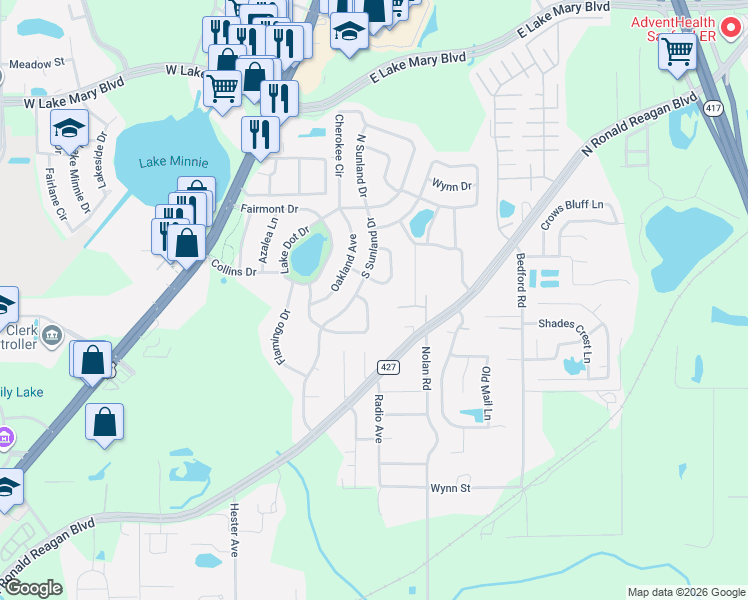 map of restaurants, bars, coffee shops, grocery stores, and more near 603 Mimosa Terrace in Sanford