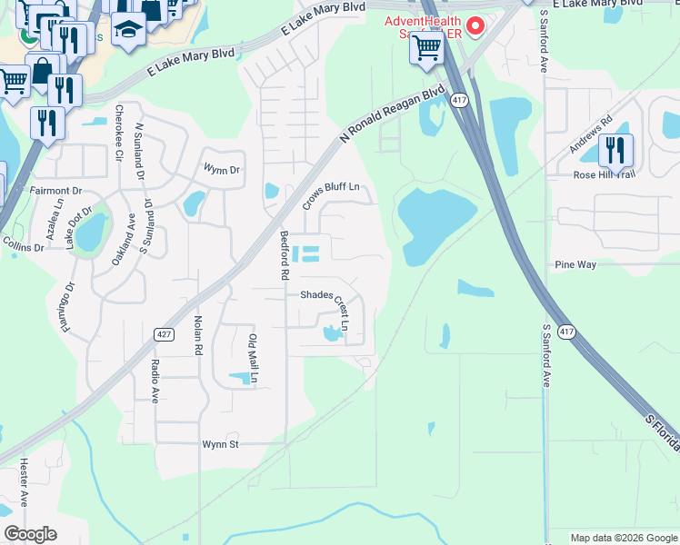 map of restaurants, bars, coffee shops, grocery stores, and more near 4232 Rocky Ridge Place in Sanford