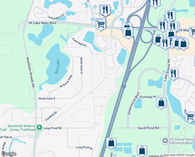 map of restaurants, bars, coffee shops, grocery stores, and more near 3870 Grassland Loop in Lake Mary