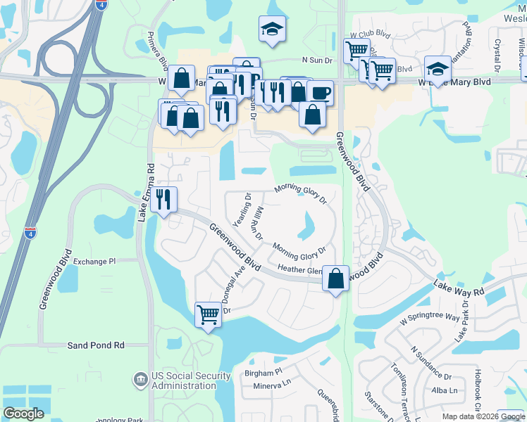 map of restaurants, bars, coffee shops, grocery stores, and more near 161 Mill Run Drive in Lake Mary