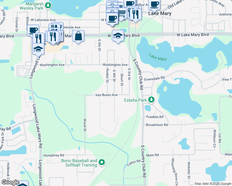 map of restaurants, bars, coffee shops, grocery stores, and more near 295 South 4th Street in Lake Mary