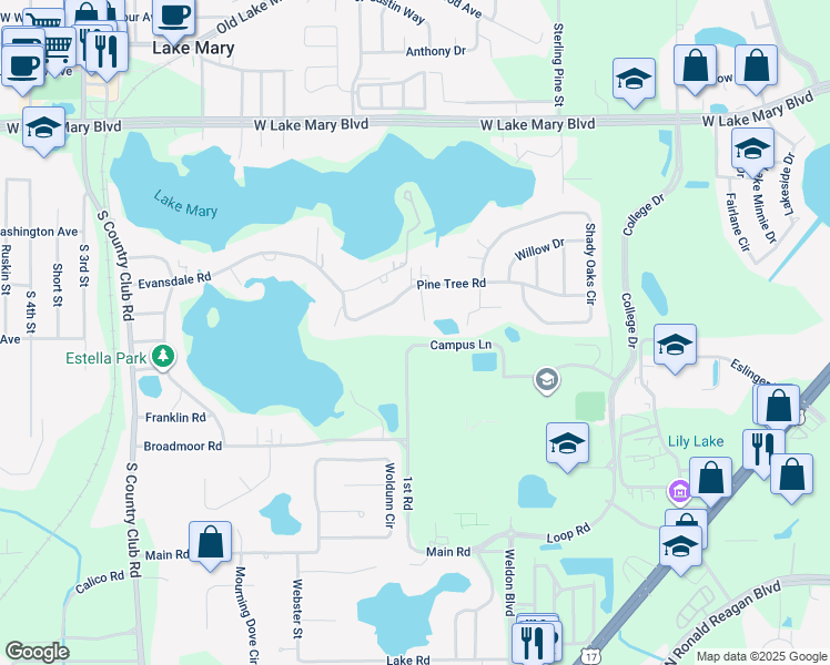 map of restaurants, bars, coffee shops, grocery stores, and more near 104 Hallmark Court in Lake Mary