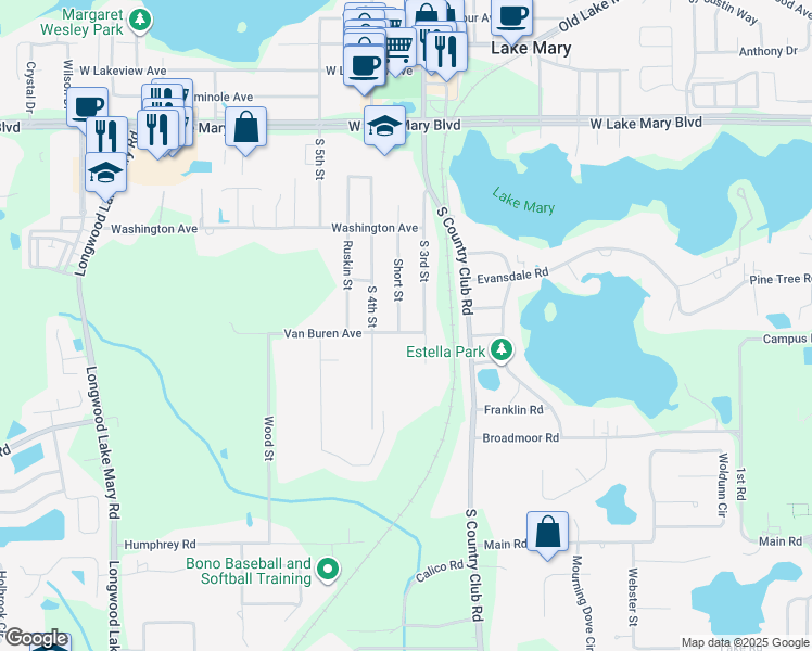map of restaurants, bars, coffee shops, grocery stores, and more near 291 Short Street in Lake Mary