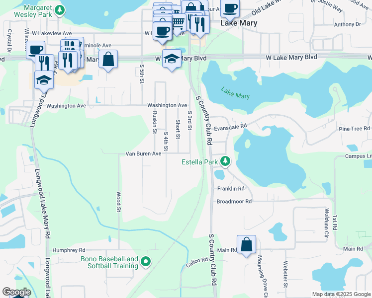 map of restaurants, bars, coffee shops, grocery stores, and more near 291 Short Street in Lake Mary
