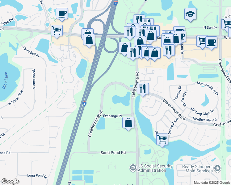 map of restaurants, bars, coffee shops, grocery stores, and more near 1025 Greenwood Boulevard in Lake Mary