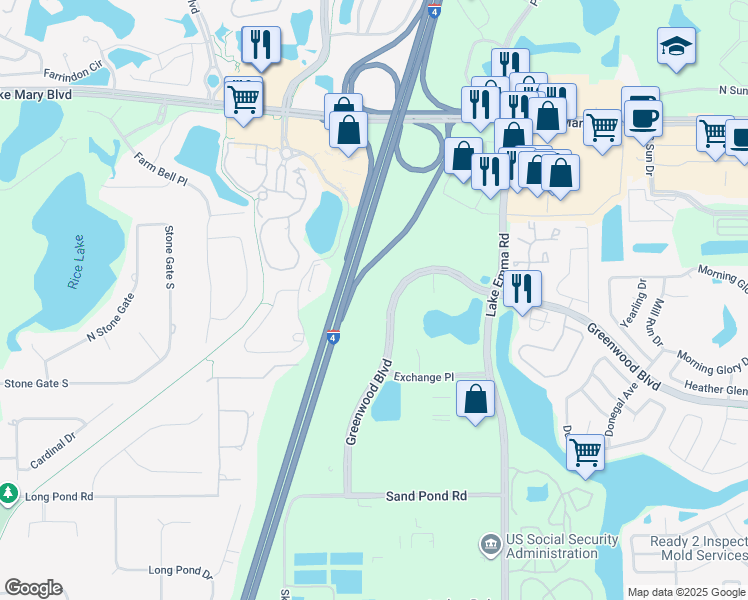 map of restaurants, bars, coffee shops, grocery stores, and more near 1060 Greenwood Boulevard in Lake Mary