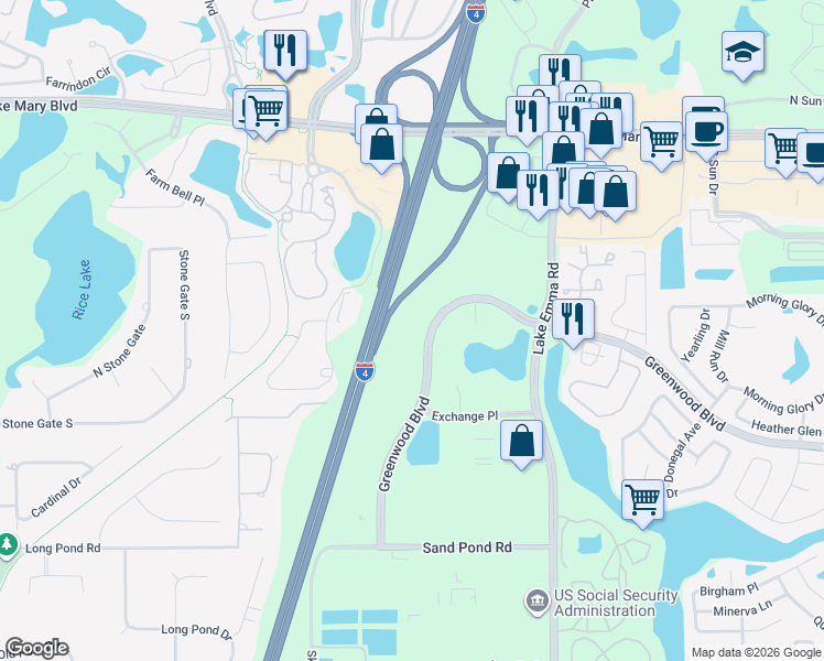 map of restaurants, bars, coffee shops, grocery stores, and more near 1060 Greenwood Boulevard in Lake Mary