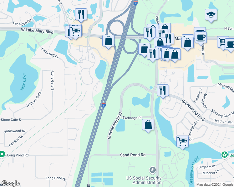 map of restaurants, bars, coffee shops, grocery stores, and more near 1040 Greenwood Boulevard in Lake Mary