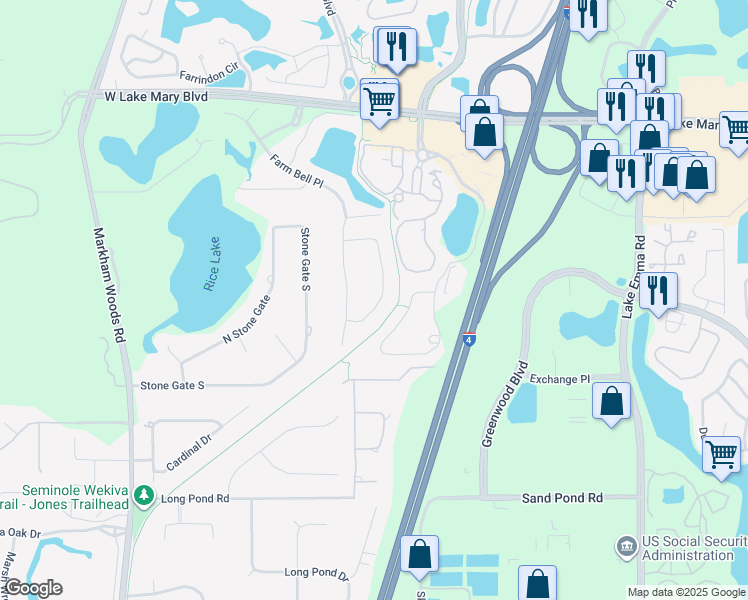map of restaurants, bars, coffee shops, grocery stores, and more near 3870 Grassland Loop in Lake Mary