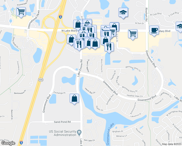 map of restaurants, bars, coffee shops, grocery stores, and more near 957 Greenwood Boulevard in Lake Mary