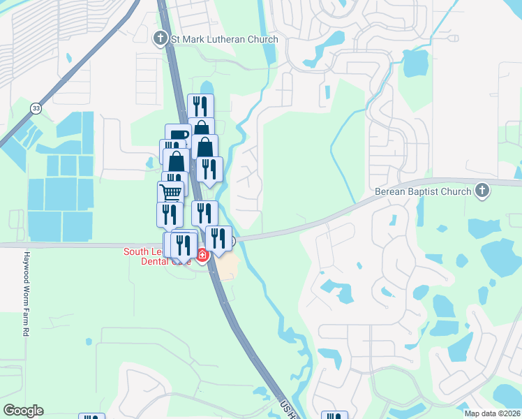 map of restaurants, bars, coffee shops, grocery stores, and more near 102 Oleander Cove in Leesburg