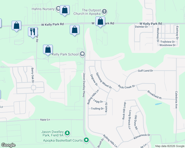 map of restaurants, bars, coffee shops, grocery stores, and more near 1243 Degraw Drive in Apopka