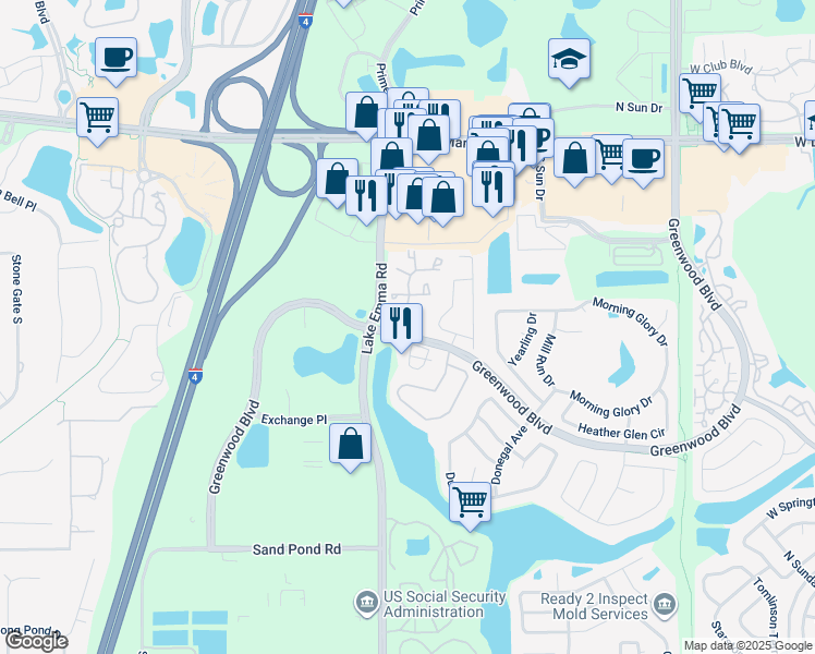 map of restaurants, bars, coffee shops, grocery stores, and more near 957 Greenwood Boulevard in Lake Mary