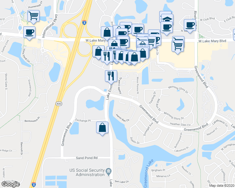map of restaurants, bars, coffee shops, grocery stores, and more near 961 Greenwood Boulevard in Lake Mary