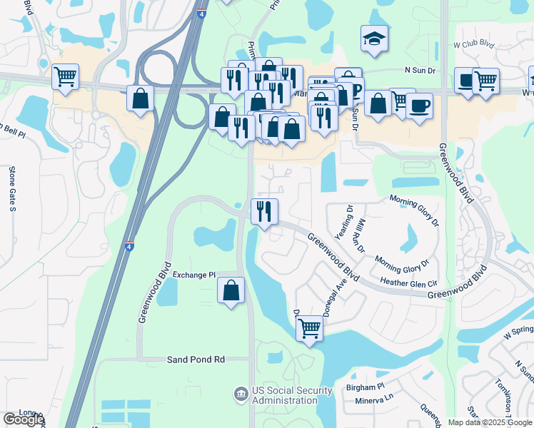 map of restaurants, bars, coffee shops, grocery stores, and more near 963 Helmsley Court in Lake Mary