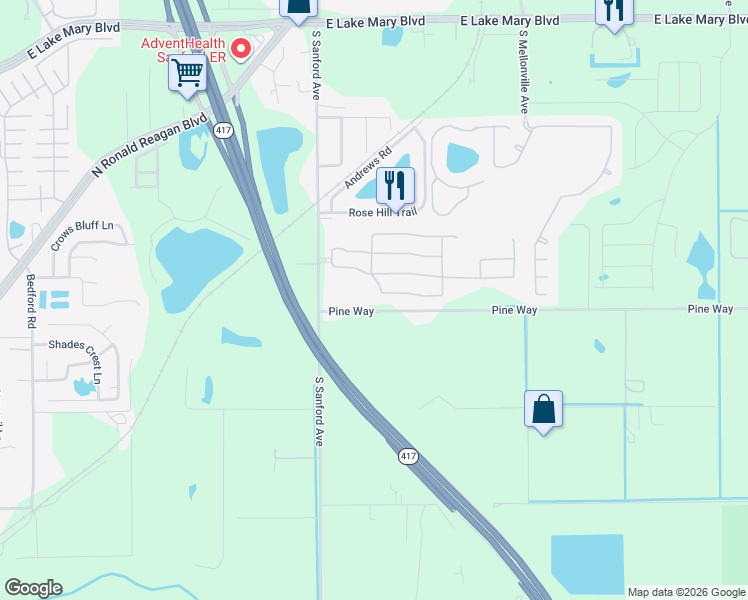 map of restaurants, bars, coffee shops, grocery stores, and more near 202 Clydesdale Circle in Sanford