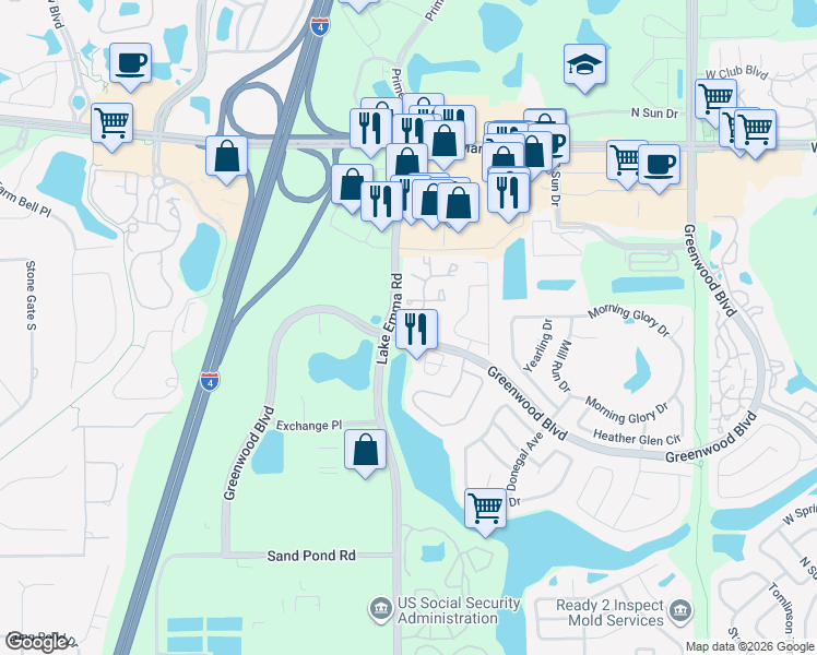 map of restaurants, bars, coffee shops, grocery stores, and more near 965 Helmsley Court in Lake Mary