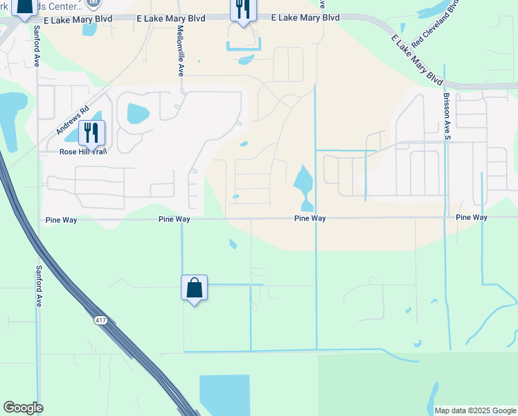 map of restaurants, bars, coffee shops, grocery stores, and more near 1400-1454 Pine Way in Sanford