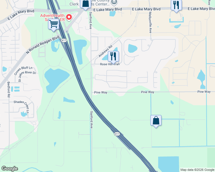 map of restaurants, bars, coffee shops, grocery stores, and more near 206 Clydesdale Circle in Sanford