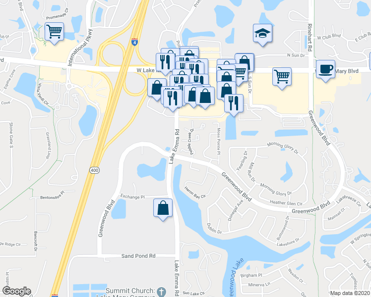 map of restaurants, bars, coffee shops, grocery stores, and more near 3587 Lake Emma Road in Lake Mary