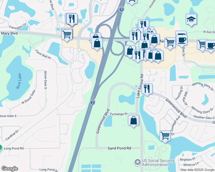 map of restaurants, bars, coffee shops, grocery stores, and more near 1036 Greenwood Boulevard in Lake Mary