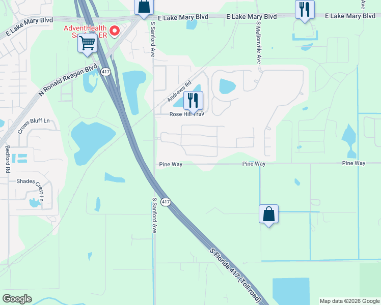 map of restaurants, bars, coffee shops, grocery stores, and more near 212 Clydesdale Circle in Sanford