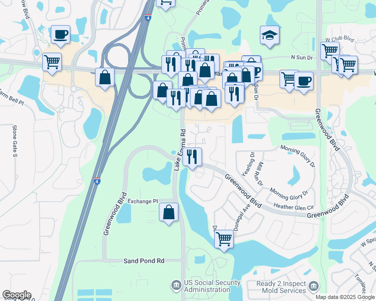 map of restaurants, bars, coffee shops, grocery stores, and more near 3587 Lake Emma Road in Lake Mary