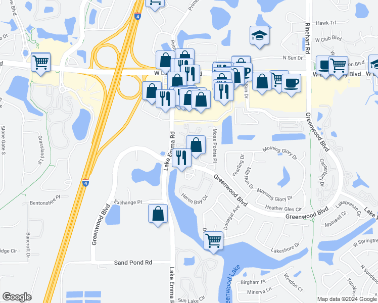 map of restaurants, bars, coffee shops, grocery stores, and more near 962 Newcastle Circle in Lake Mary