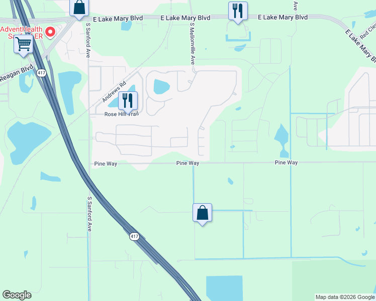 map of restaurants, bars, coffee shops, grocery stores, and more near 331 Appaloosa Court in Sanford