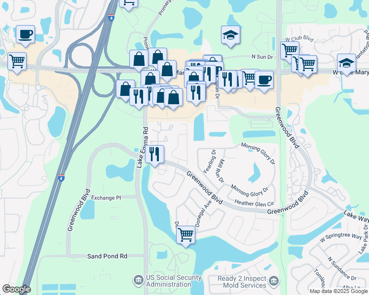 map of restaurants, bars, coffee shops, grocery stores, and more near 873 Garden Glen Loop in Lake Mary
