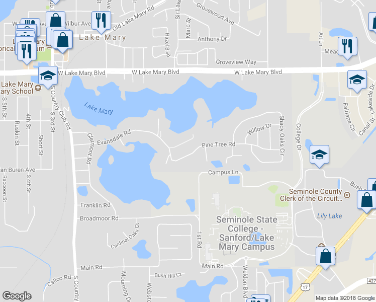 map of restaurants, bars, coffee shops, grocery stores, and more near 348 Pine Tree Road in Lake Mary