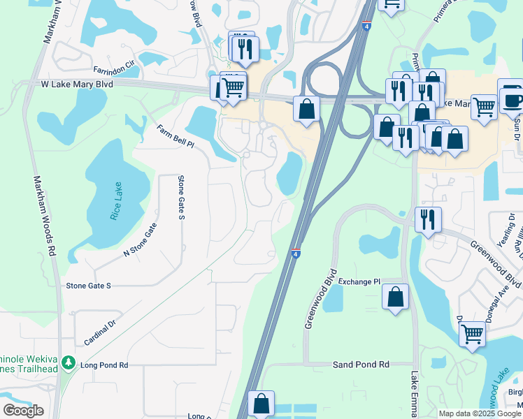 map of restaurants, bars, coffee shops, grocery stores, and more near 203 Villa Di Este Terrace in Lake Mary