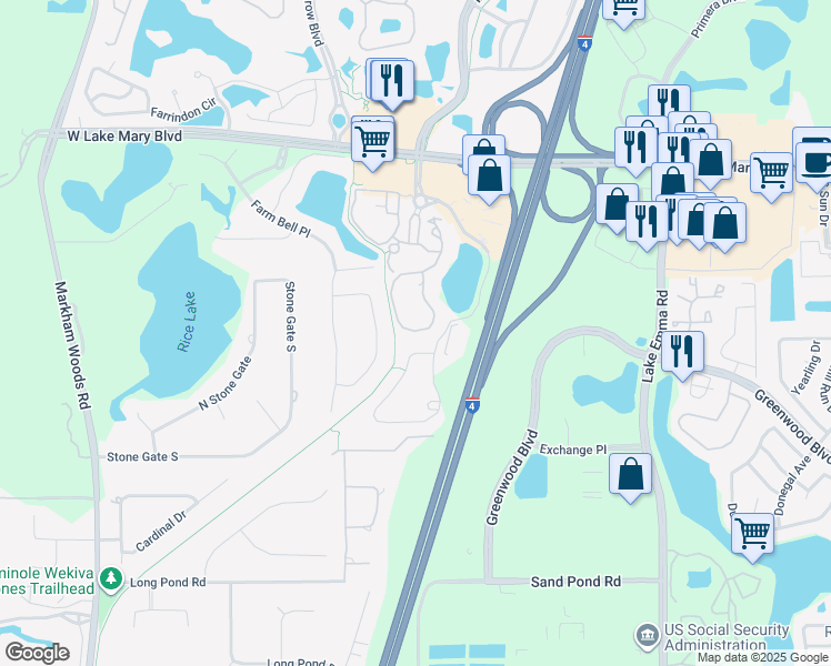 map of restaurants, bars, coffee shops, grocery stores, and more near 213 Villa Di Este Terrace in Lake Mary