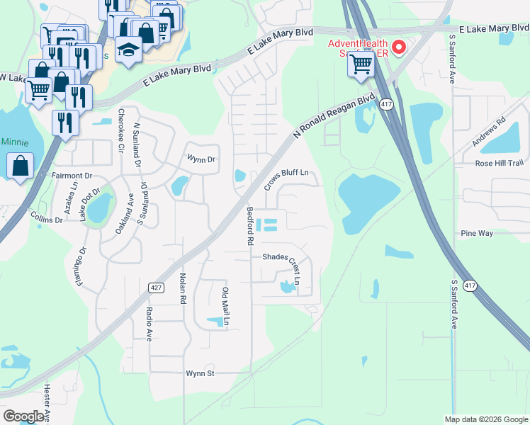 map of restaurants, bars, coffee shops, grocery stores, and more near 971 Monroe Harbor Place in Sanford