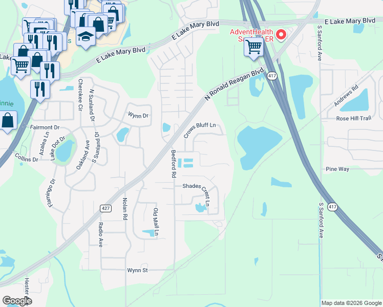 map of restaurants, bars, coffee shops, grocery stores, and more near 971 Monroe Harbor Place in Sanford