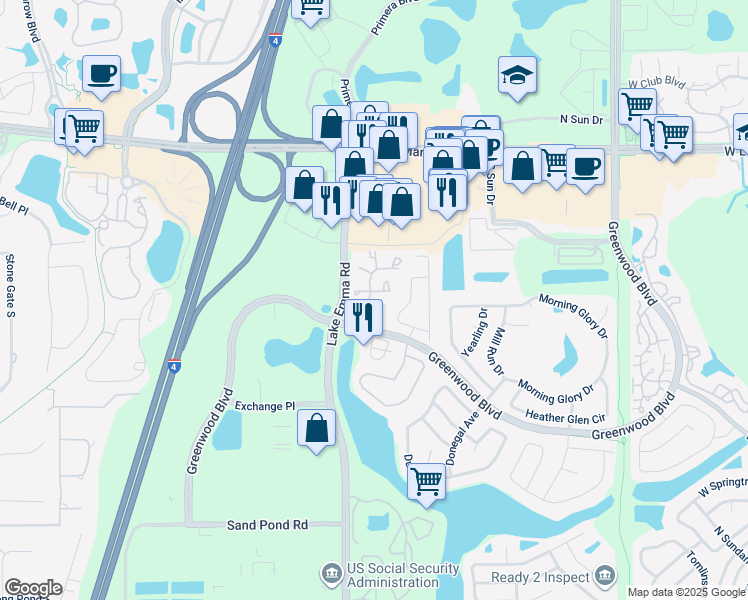 map of restaurants, bars, coffee shops, grocery stores, and more near 949 Bird Bay Court in Lake Mary