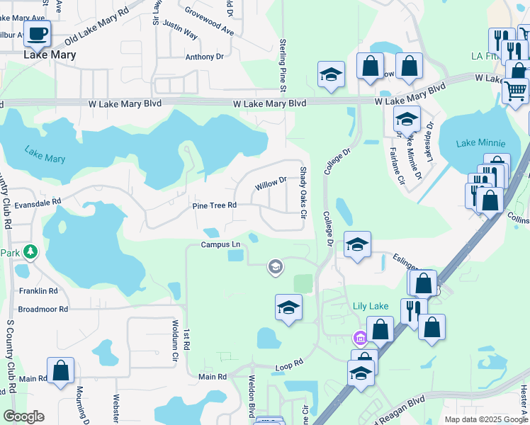 map of restaurants, bars, coffee shops, grocery stores, and more near 260 Shady Oaks Circle in Lake Mary