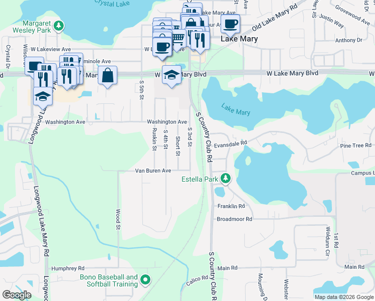 map of restaurants, bars, coffee shops, grocery stores, and more near 274 South 3rd Street in Lake Mary