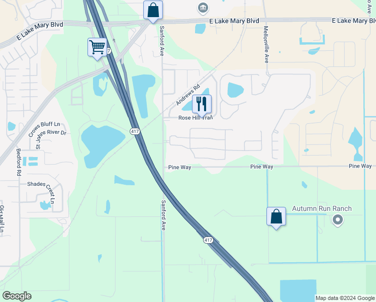 map of restaurants, bars, coffee shops, grocery stores, and more near 202 Clydesdale Circle in Sanford
