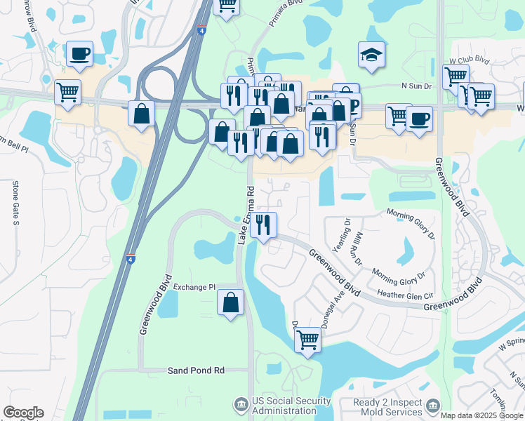 map of restaurants, bars, coffee shops, grocery stores, and more near 3587 Lake Emma Road in Lake Mary