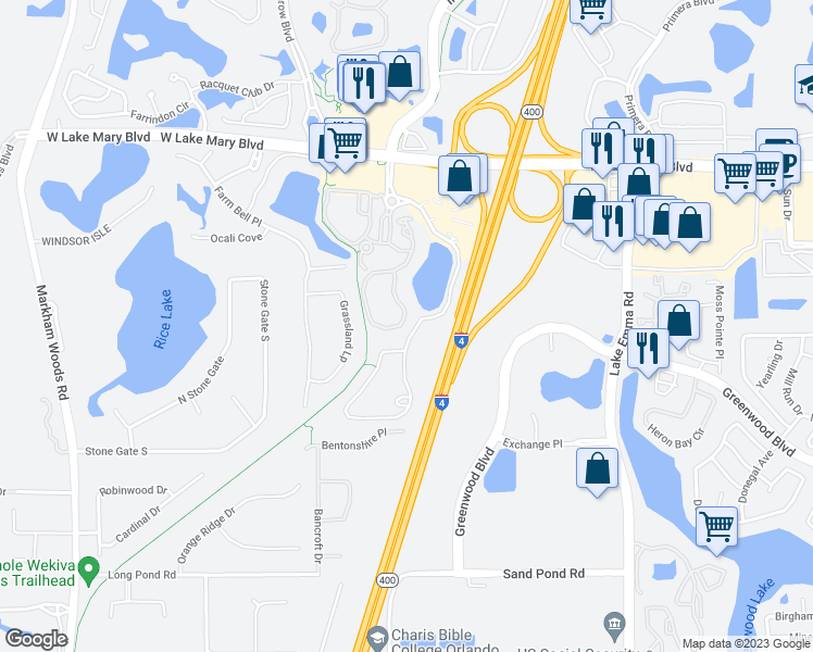 map of restaurants, bars, coffee shops, grocery stores, and more near 203 Villa Di Este Terrace in Lake Mary