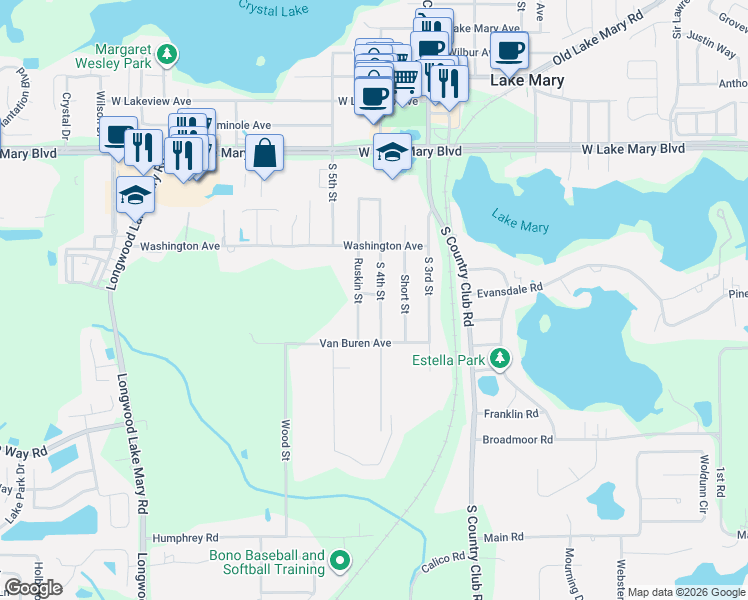 map of restaurants, bars, coffee shops, grocery stores, and more near 257 South 4th Street in Lake Mary