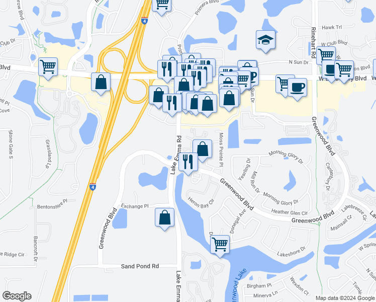 map of restaurants, bars, coffee shops, grocery stores, and more near 955 Forest Ridge Court in Lake Mary