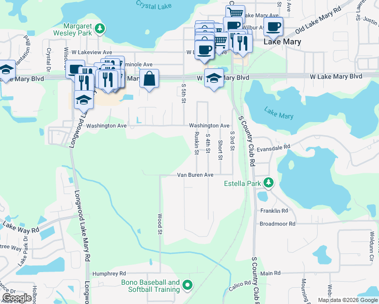 map of restaurants, bars, coffee shops, grocery stores, and more near 262 Ruskin Street in Lake Mary