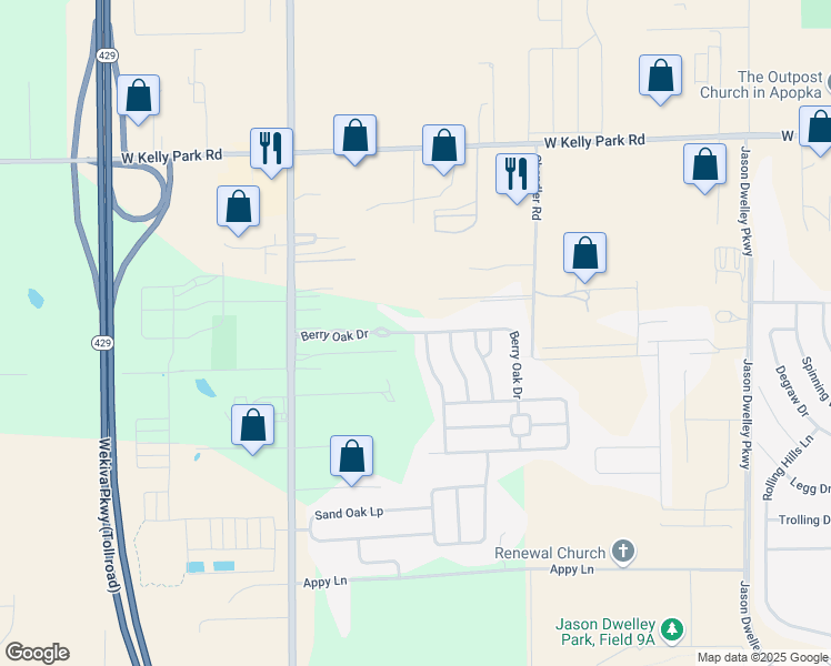 map of restaurants, bars, coffee shops, grocery stores, and more near Berry Oak Drive in Apopka